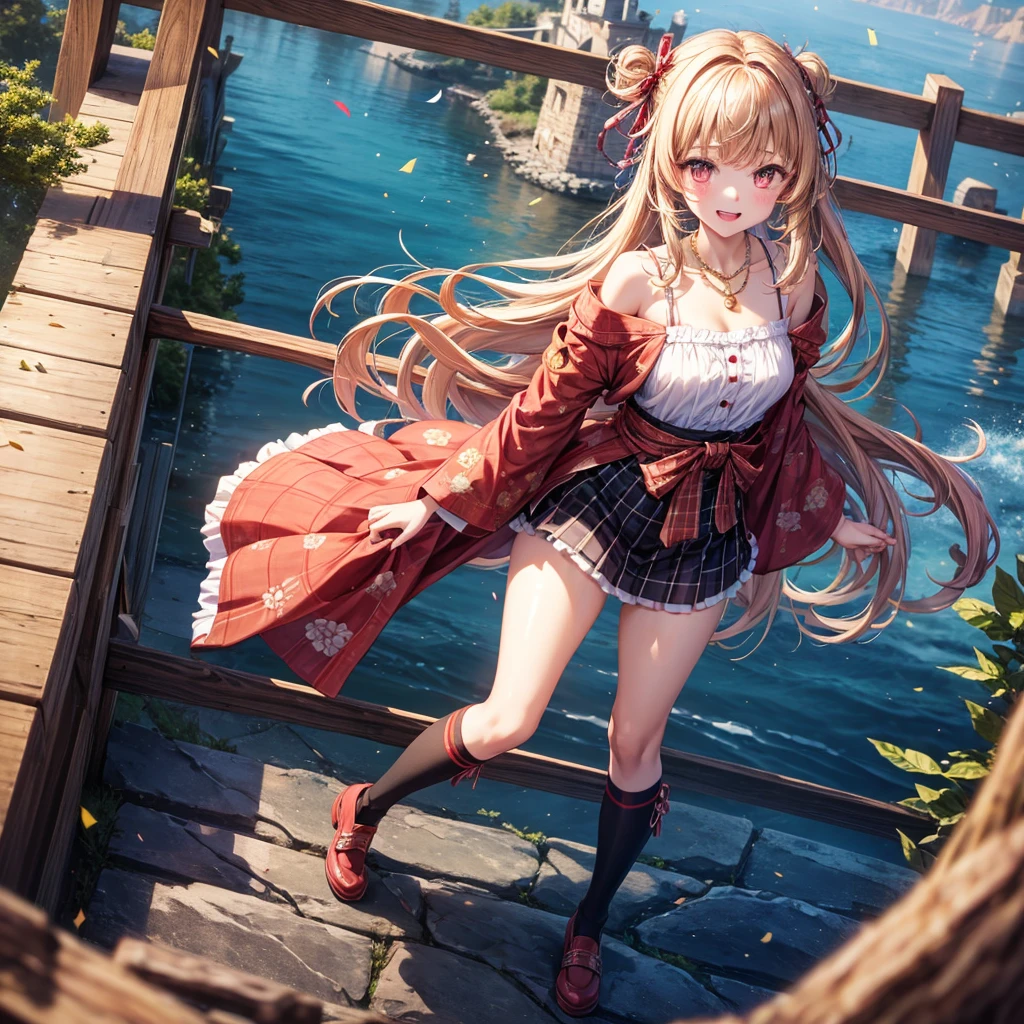Pink, red, brown, gold, gold hair、Red gold eyes、Hair tied up、One good looking girl、solo、anime、Checkered mini skirt、Ruffles on the skirt、Checked dress、blouse、Kimono、Black knee-high socks、Ribbon、Ribbon on waist、Teeth are visible、Sparkly Necklace、From above、Cobblestones、waterfall、Starry Sky、Midnight Moon、suspension bridge、Standing still、Confetti、Kicking、Brick construction、Uphill、An old castle built on a rocky mountain、The scenery is reflected on the water