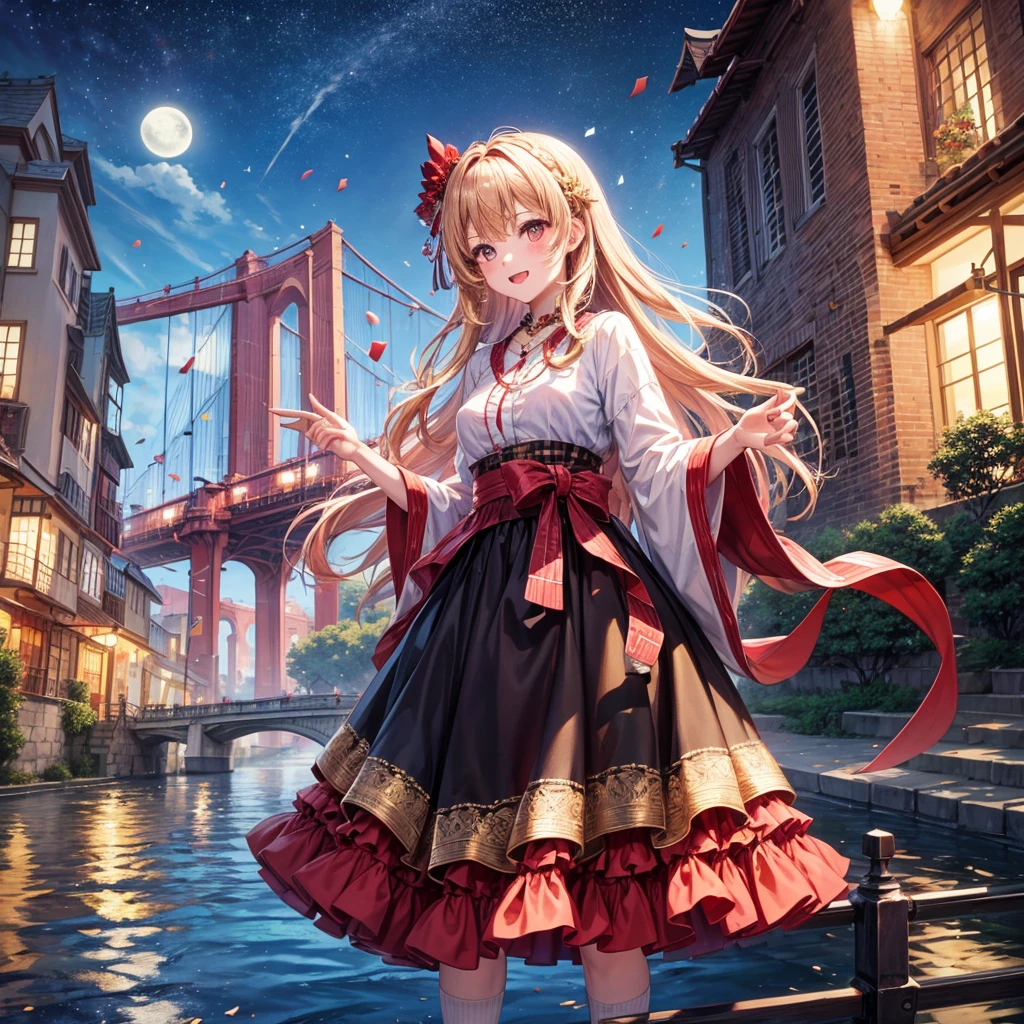 Pink, red, brown, gold, gold hair、Red gold eyes、Hair tied up、One good looking girl、solo、anime、Checkered mini skirt、Ruffles on the skirt、Checked dress、blouse、Kimono、Black knee-high socks、Ribbon、Ribbon on waist、Teeth are visible、Sparkly Necklace、From above、Cobblestones、waterfall、Starry Sky、Midnight Moon、suspension bridge、Standing still、Confetti、Kicking、Brick construction、Uphill、An old castle built on a rocky mountain、The scenery is reflected on the water