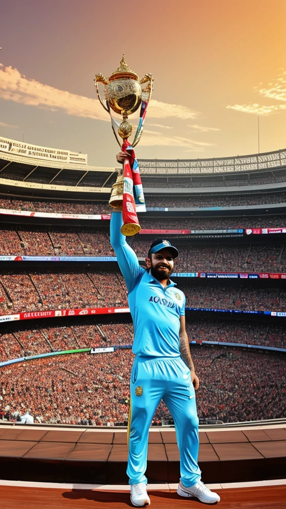 Create an inspiring digital artwork depicting Virat Kohli jubilantly lifting the IPL trophy amidst a stadium backdrop filled with cheering fans