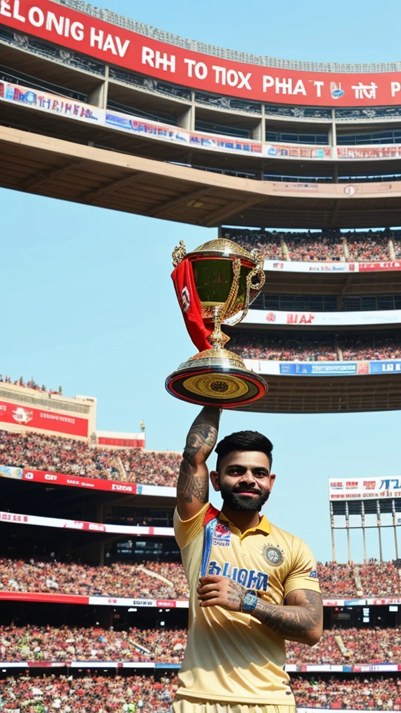 Create an inspiring digital artwork depicting Virat Kohli jubilantly lifting the IPL trophy amidst a stadium backdrop filled with cheering fans