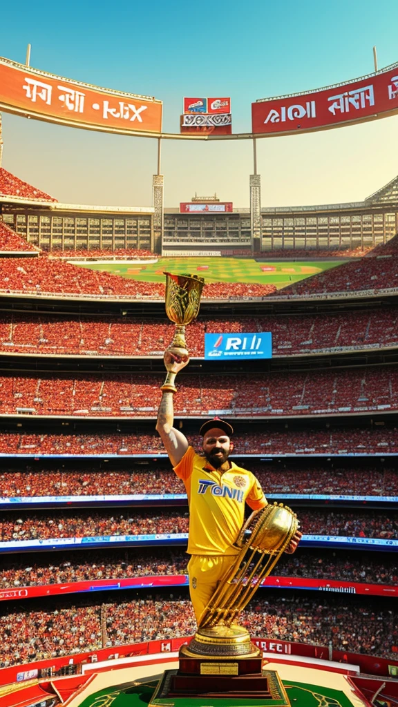 Create an inspiring digital artwork depicting Virat Kohli jubilantly lifting the IPL trophy amidst a stadium backdrop filled with cheering fans