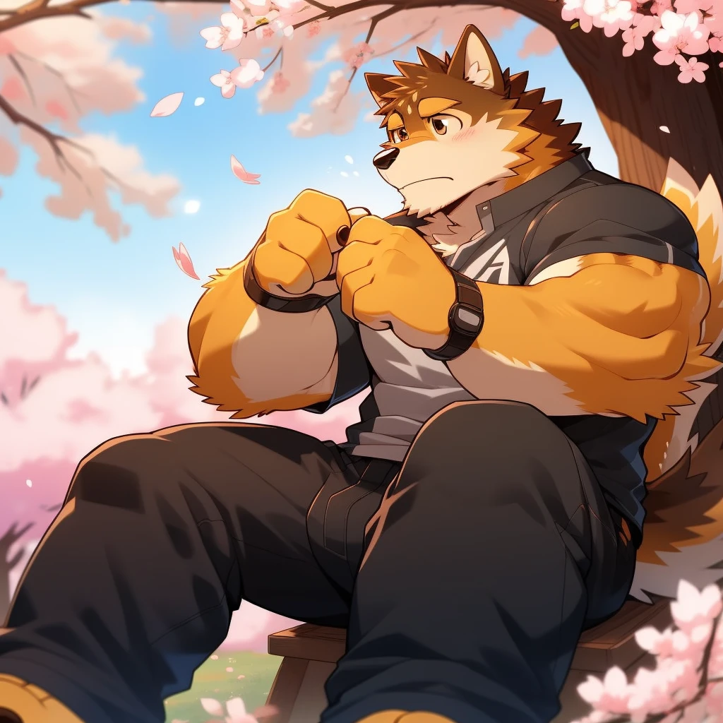 Scribble 柴dog face,Cute face,Humanity(dog),(Casual Wear:1.3),Muscular,(Brown eyebrows:1.1),(Perfect black eyes),（artist:Takemoto Arashi）,(Bulging buttocks),(Foam)，Cherry blossoms，Sitting，Sad expression，Wolf Tail，（Four fingers）