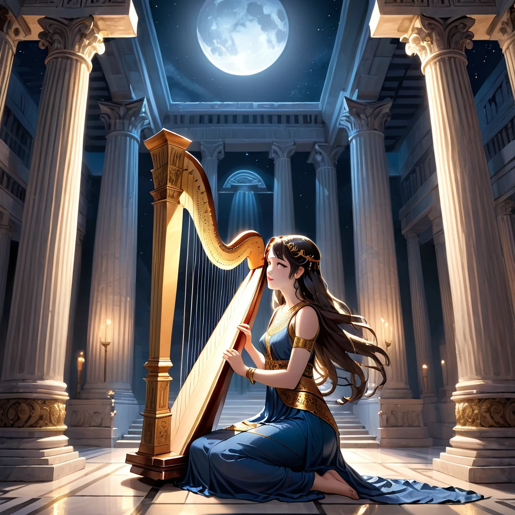 (best quality,ultra-detailed,realistic:1.37), humor, comic style, bold lines, a young priestess, sitting, she places a harp larger than herself in front of him and plays it, playing a large lyre, ancient Greek temple, late at night, inside the temple it is (dark:1.3) and there is (no lighting:1.2), the moonlight shines in at an angle, shining a faint light on her., highly detailed, photorealistic, realistic lighting, intricate architecture, ornate decorations, cool color palette, golden accents, soft fabric textures, mesmerizing expression, elegant pose, cinematic composition, natural lighting, realistic shadows, mystical atmosphere, hyperrealistic,