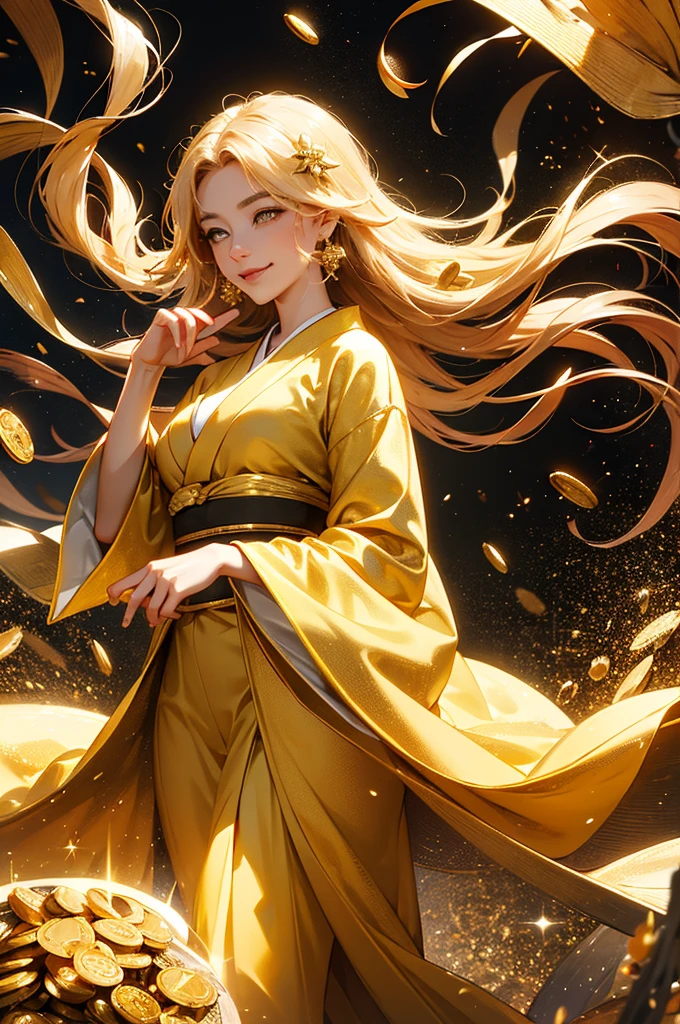 A beautiful woman in a gold kimono smiles against the backdrop of a mountain of gold nuggets, gold coins, and gold dust sparkling in the air.