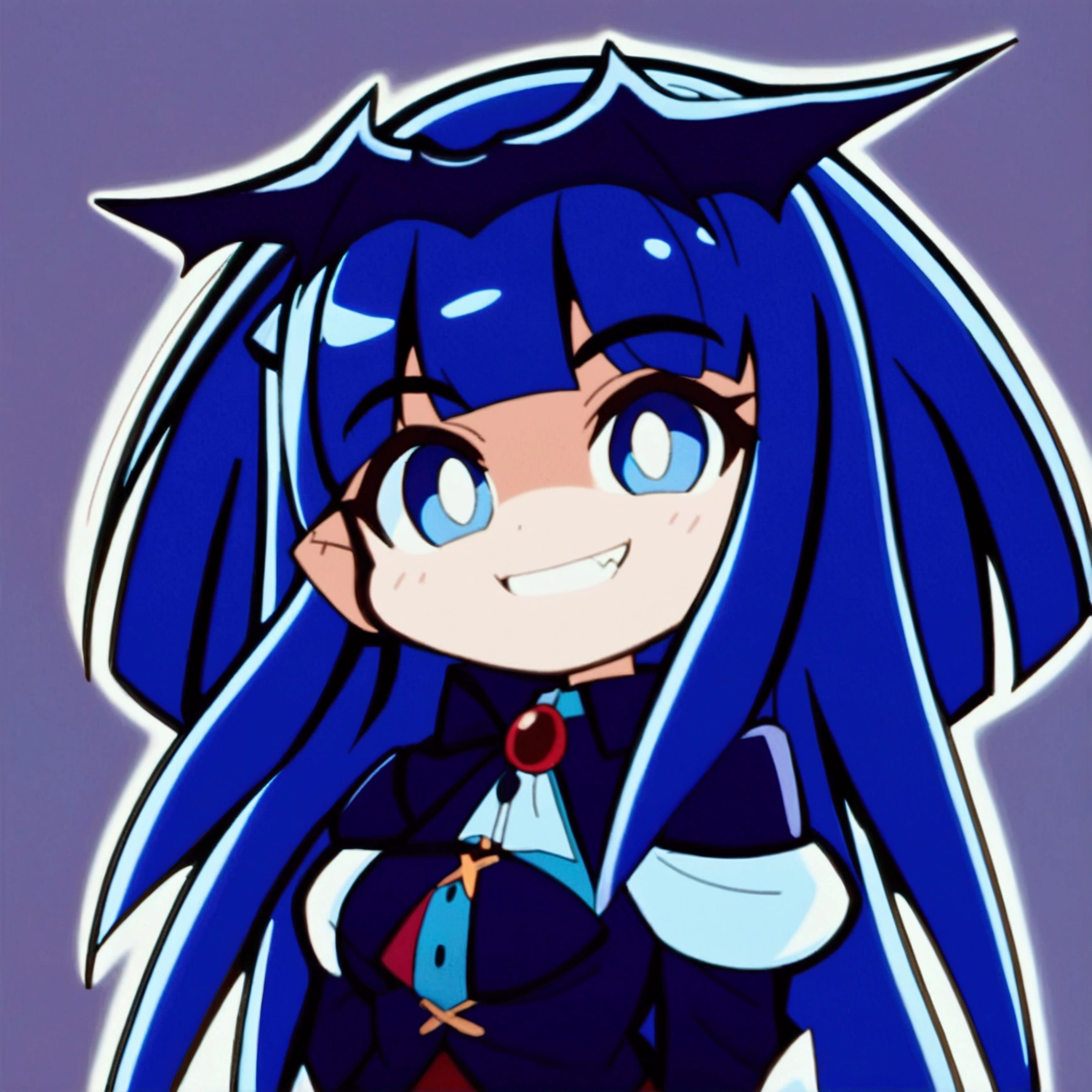 Close-up of a cartoon character with blue hair and blue outfit, anime moe artstyle, 2D anime style, [[[[grinning evilly]]]], , cel - shaded art style, I&#39;ll do fanart too, nasty grin, hero 2d fanart art, chibi, vampire