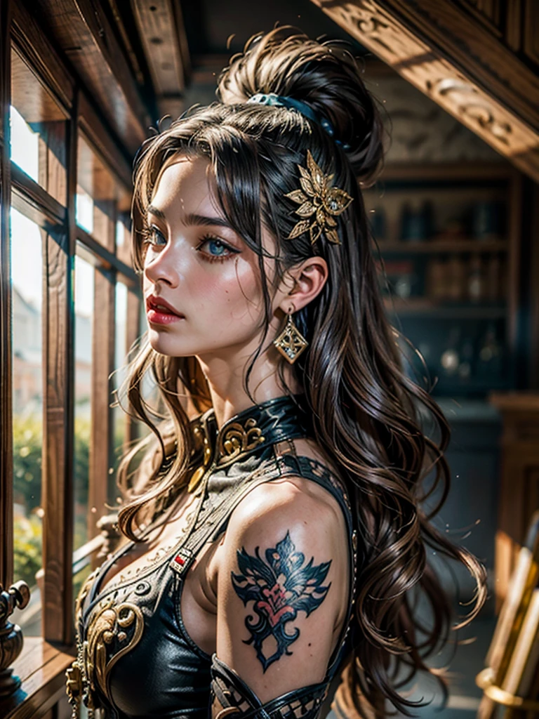 beautiful european woman,beautiful edgArg_woman,beautiful NicoleAnistonQuiron woman,8k RAW professional photo,viking wear,style of warhammer 40k,intricate dress,castle,tattoo,muscle body,neon,fog,real skin,(masterpiece),(extremely intricate:1.3),(realistic),dslr,soft lighting,high quality,film grain,Fujifilm XT3,sharp focus,tattoo,