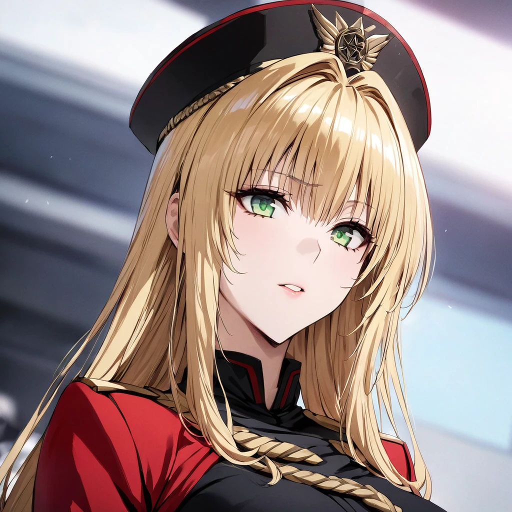 ((Highest quality)), ((masterpiece)), (detailed), （Perfect Face）、The woman is Tiare, a beautiful Space Imperial Army officer with green eyes and medium-long blonde hair, wearing a Space Imperial Army uniform and military cap.、She is loyal to Emperor Palpatine.