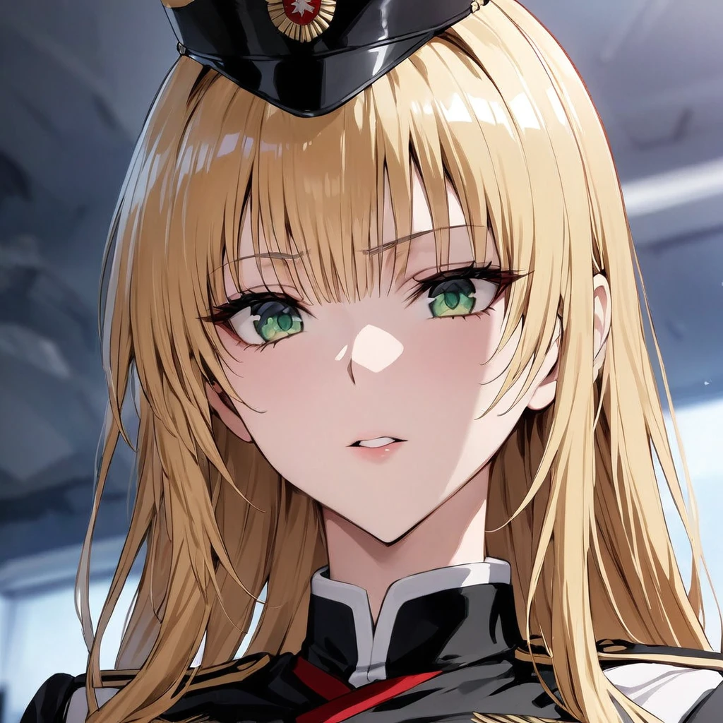 ((Highest quality)), ((masterpiece)), (detailed), （Perfect Face）、The woman is Tiare, a beautiful Space Imperial Army officer with green eyes and medium-long blonde hair, wearing a Space Imperial Army uniform and military cap.、She is loyal to Emperor Palpatine.