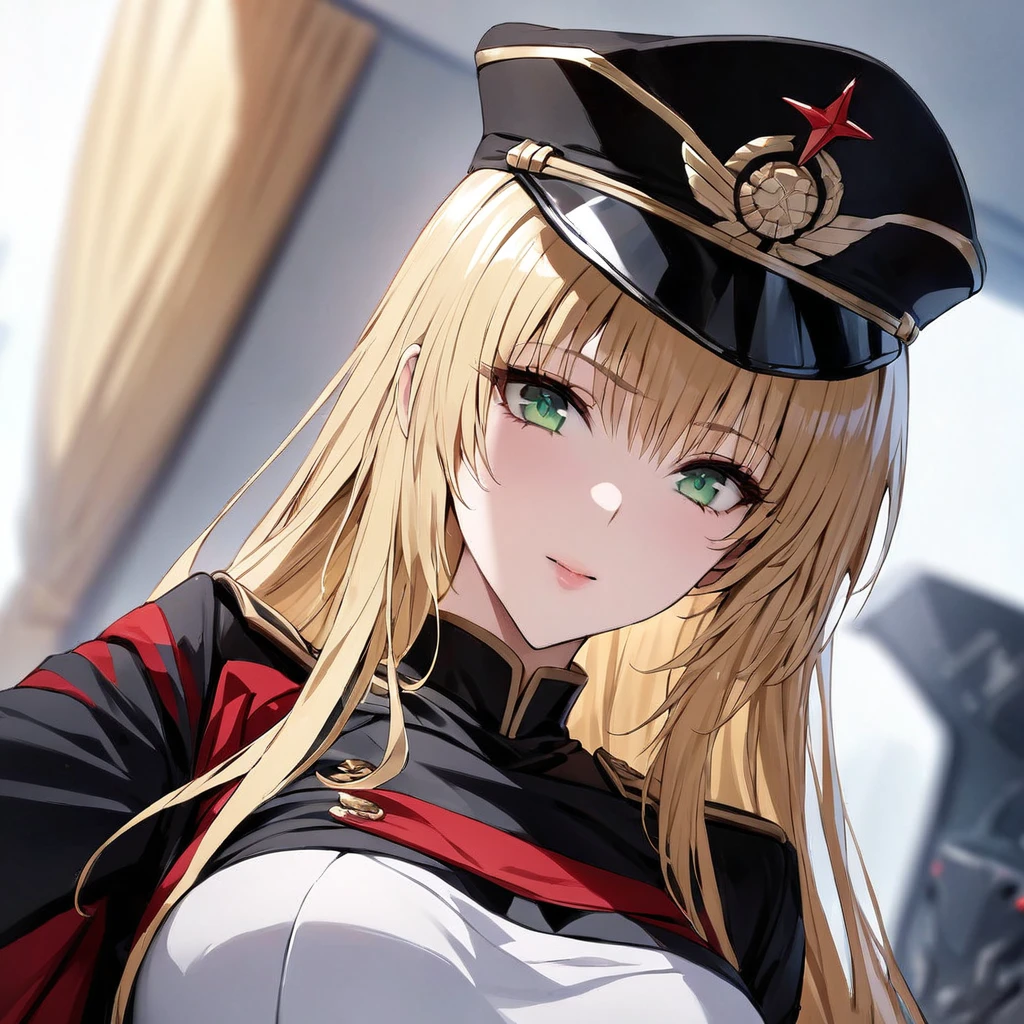 ((Highest quality)), ((masterpiece)), (detailed), （Perfect Face）、The woman is Tiare, a beautiful Space Imperial Army officer with green eyes and medium-long blonde hair, wearing a Space Imperial Army uniform and military cap.、She is loyal to Emperor Palpatine.