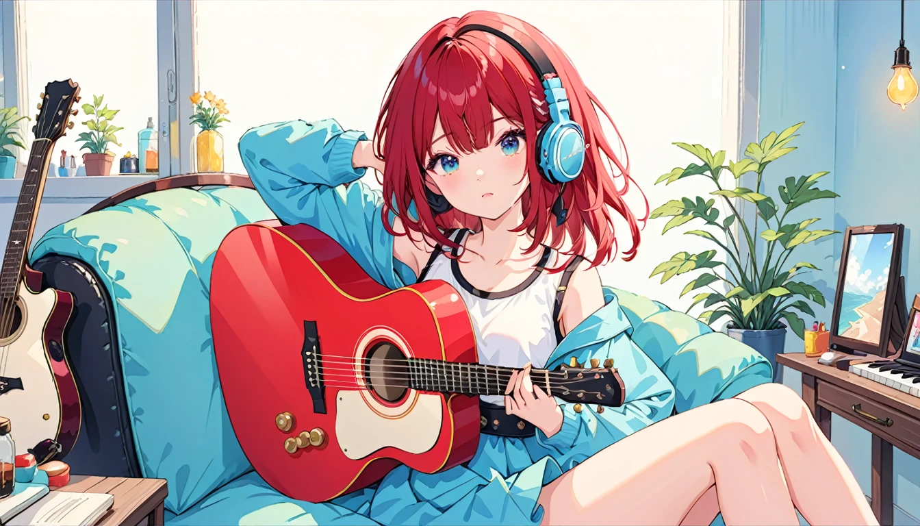 (absurdes:1.1, High resolution:1.1, Super detailed:1.1), Very detailed, Super detailed hair, (Fine grain:1.4), (Shining Eyes:1.3), thin,Close one eye, cute, Perfectly symmetrical face, narr○w waist, 超cute girl, 超cute face, 超cute, Super beautiful, Beautiful colors, Merry (Yanmar gauge),From wlop,((Great quality)), (Beautiful legs), Sitting, smartphone, Upper body rest (Beautiful colors,detailed,Highest quality,Great quality,so beautiful), guitar, Headphones, Jacket, Tank top, Chair, Lighting and Shadows(perspective), Lighting particles, colorful, masterpiece, Stylish room,