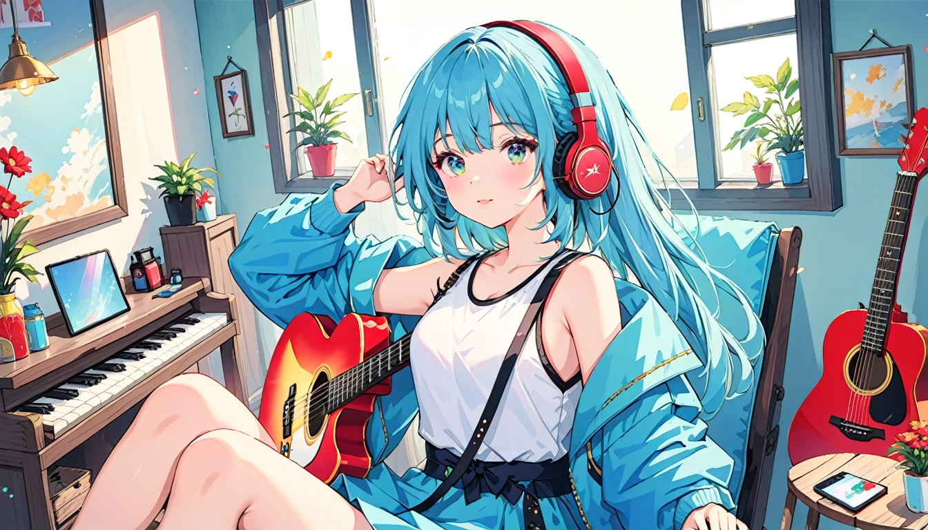 (absurdes:1.1, High resolution:1.1, Super detailed:1.1), Very detailed, Super detailed hair, (Fine grain:1.4), (Shining Eyes:1.3), thin,Close one eye, cute, Perfectly symmetrical face, narr○w waist, 超cute girl, 超cute face, 超cute, Super beautiful, Beautiful colors, Merry (Yanmar gauge),From wlop,((Great quality)), (Beautiful legs), Sitting, smartphone, Upper body rest (Beautiful colors,detailed,Highest quality,Great quality,so beautiful), guitar, Headphones, Jacket, Tank top, Chair, Lighting and Shadows(perspective), Lighting particles, colorful, masterpiece, Stylish room,