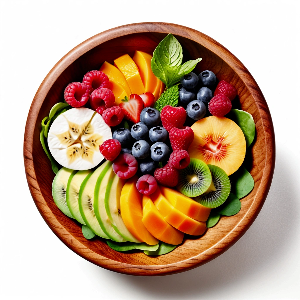 There is bowl of salad made of different fruit , fresh and creamy, served in classy medieval age wooden bowl, illustration, baking ingredients, isolated with solid white background, surrounded with negative space, centered composition, 8k, highest detailed painting, very precise line, Isolated, clear solid white background, perspective angle of view, ((watercolor:1)), (lora:add-detail-xl:1), (masterpiece), (best quality), no bread on the floor,
