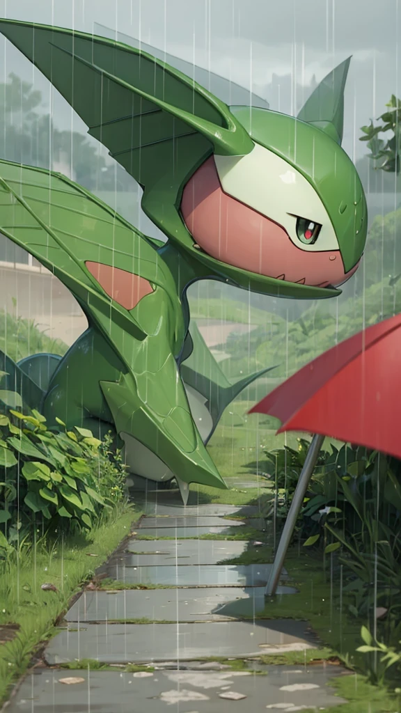 The sad larvitar pokemon under the rain 