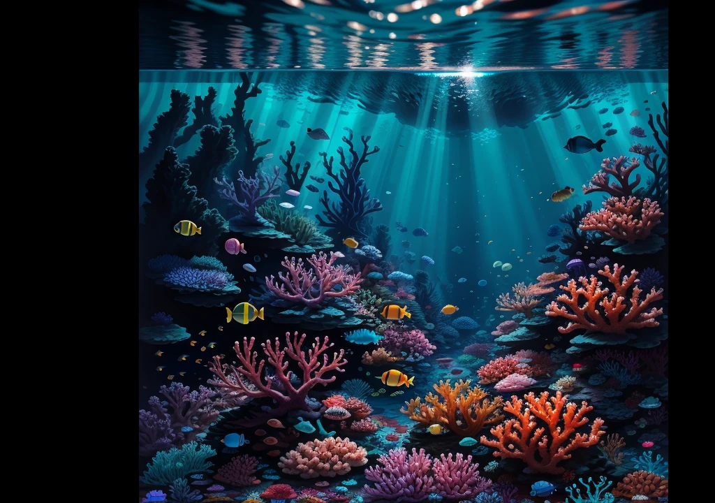 ((Super definition CG, 8k wallpaper, artwork)), , crystal clear water, vibrant coral reefs, schools of colorful fish, magical underwater lighting, seaweed forests, mermaid statues. Imagine a breathtaking underwater scene where the water is as clear as glass, revealing the vibrant colors of the reef below. Schools of fish of different colors flit about, adding color to the tranquil surroundings. The seaweed forest sways gently in the water, creating a mesmerizing visual effect. In the center of the scene, a magnificent   

Translated with DeepL.com (free version)