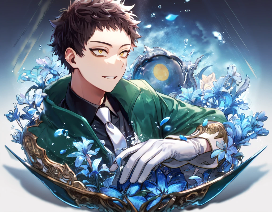 absurdres, highres, ultra detailed, HDR, master piece, Overhaul, dark brown hair, short hair, short bangs, expressive golden eyes, long eyelashes, Boku No Hero Academia, man, solo, handsome, best quality, blue moon, blue flowers, fantasy, magical, water, blue shining fireflies, blue petals, black shirt, white necktie, white gloves, green coat with fur, handsome smile