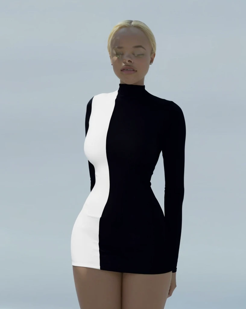 (Beautiful teen girl, Sonequa Martin-Green, Dove Cameron, Laura Harrier, Peyton List), Wearing tight white and black cotton-Lycra-fabric long sleeve mini dress, round breasts, slim waist, big hips, beautiful soft thighs, beautiful legs,(HDR, 8K, vivid, vibrant, detailed: 1.4), (hyper realistic, movie graphics)