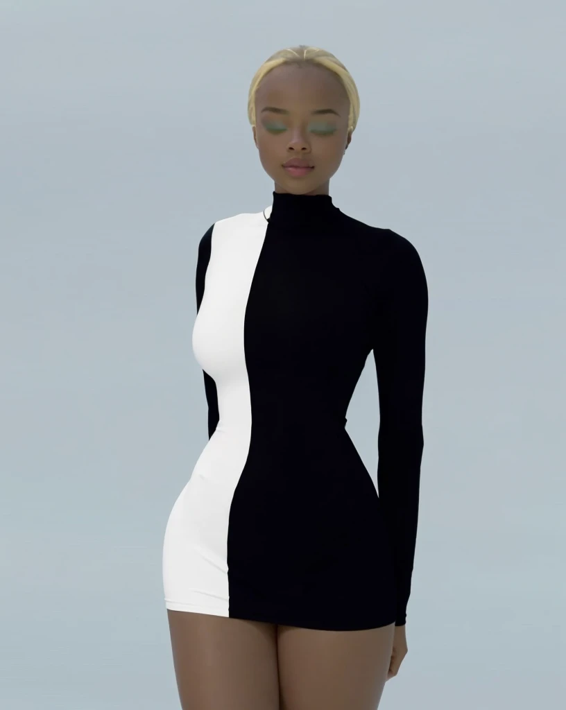 (Beautiful teen girl, Sonequa Martin-Green, Dove Cameron, Laura Harrier, Peyton List), Wearing tight white and black cotton-Lycra-fabric long sleeve mini dress, round breasts, slim waist, big hips, beautiful soft thighs, beautiful legs,(HDR, 8K, vivid, vibrant, detailed: 1.4), (hyper realistic, movie graphics)