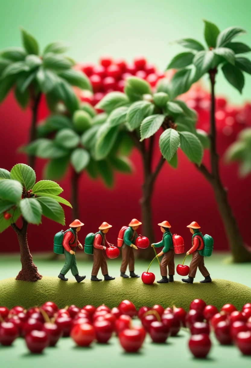 miniature food photography, A group of picking workers, hiking among giant cherry, red background, soft color blending,in a surreal photography style, bright studio light, minimalist , brown and green color