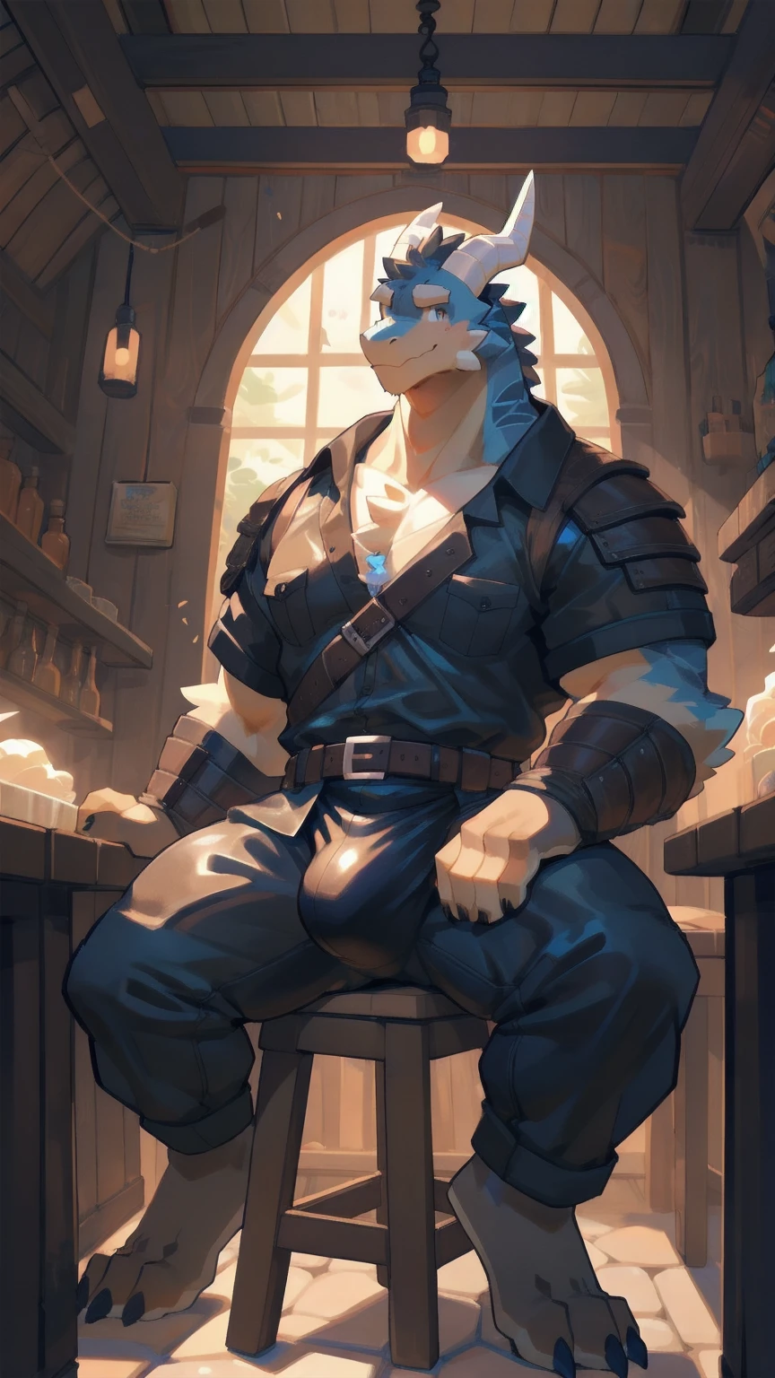 Solo, male, sitting at tavern, bulge, by bigcozyorca, by goonie-san, by bebebebebe, by spikedmauler, front view, big buff , dragon,  ebony black fur, black fur, bushy tail, buff, wearing brown fantasy leather armor, tall, masculine,  bulge, sexy, sexy expression 