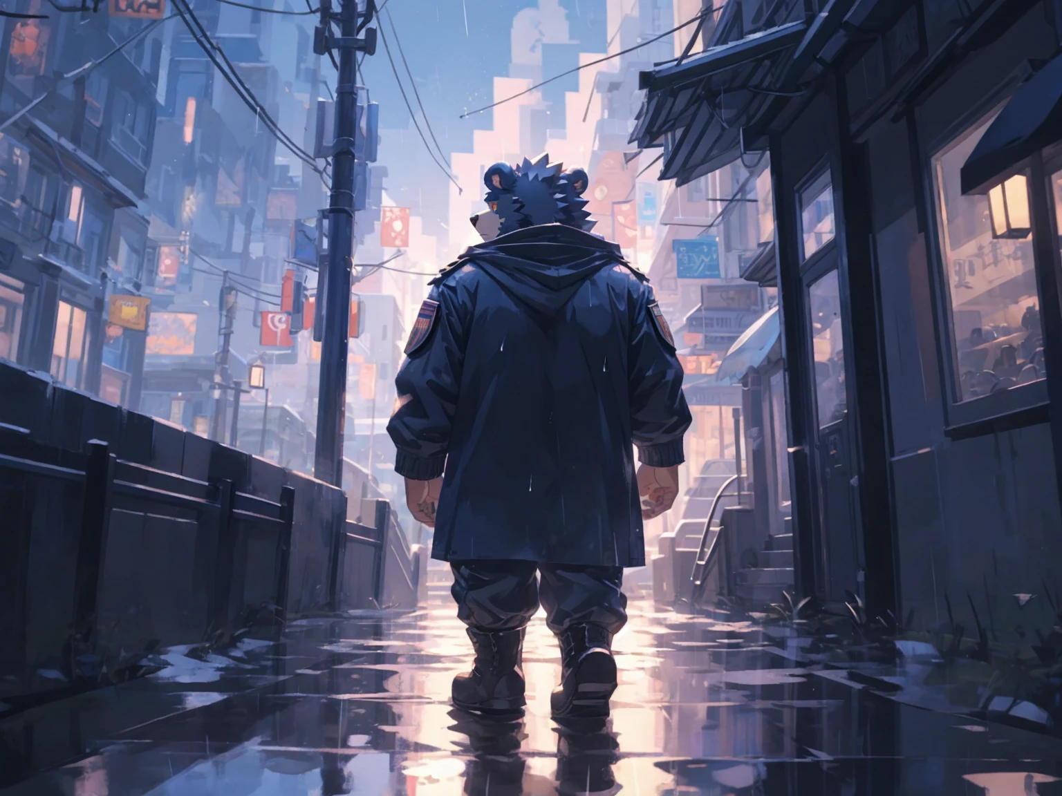 (masterpiece:1.2), best quality,pixiv,official art,perfect anatomy, (Ray tracing, light),solo, (1_male:1.3) , (muscle), (grey fur:1.4), (muscle bear), (beard:1.2), (gleaming golden eyes), bear tail, full body, Thick black eyebrows,(open hooded parka), (naked inside), (cargo pants:1.2), boots , rainy day, fog , wet body , storm, black cloud, city, plaza , square , unhappy