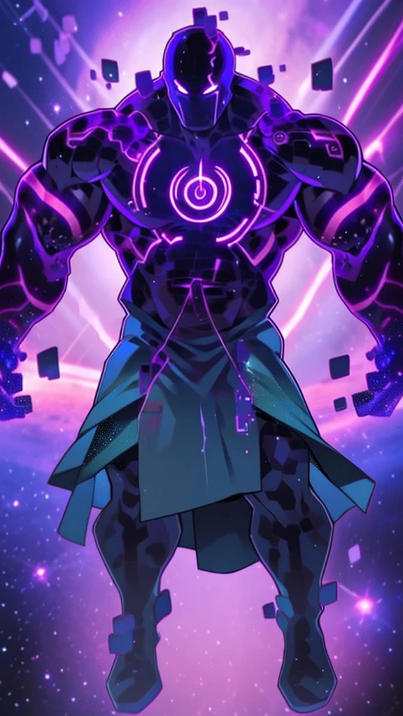 A colossal bara God, Void, Black hole head, Black and neon purple skin color, giant pecs, big belly, galaxy, Godlike, wearing a godly black and purple skirt, Space, Calamity, Bara art, high quality, HD