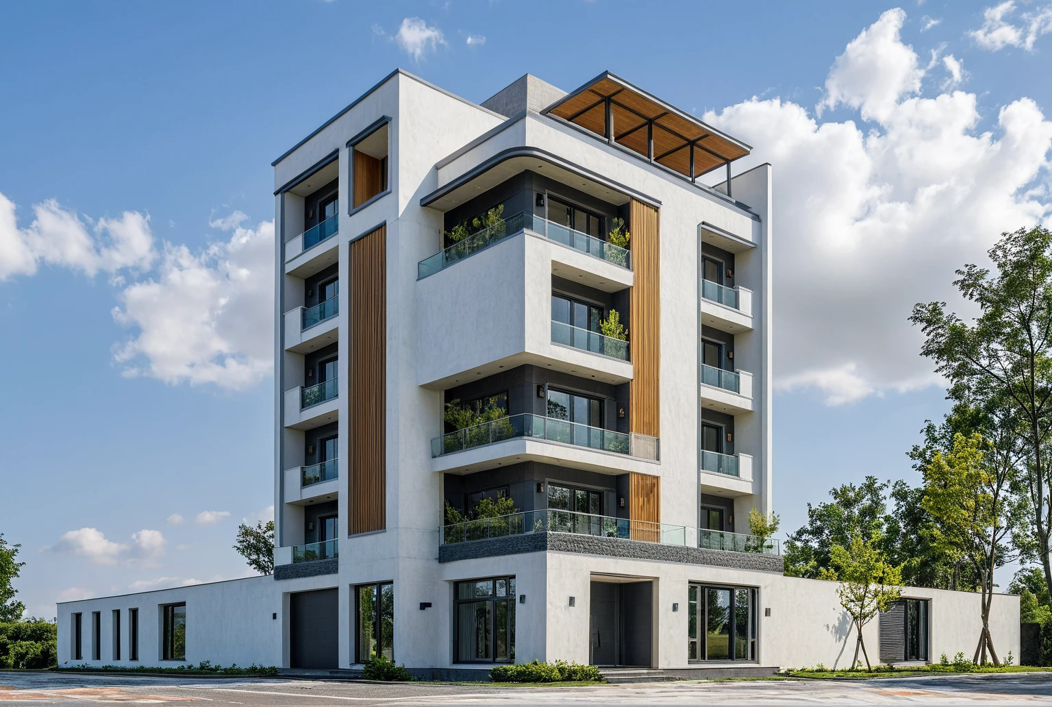 Masterpiece, high quality, best quality, authentic, super detail, outdoors, onestoreyvillaXL, aiaigroup, house style modern on the street ,stairs, white wall ,road,pavement, grass, trees, sky, cloud, (daylight:1.1)