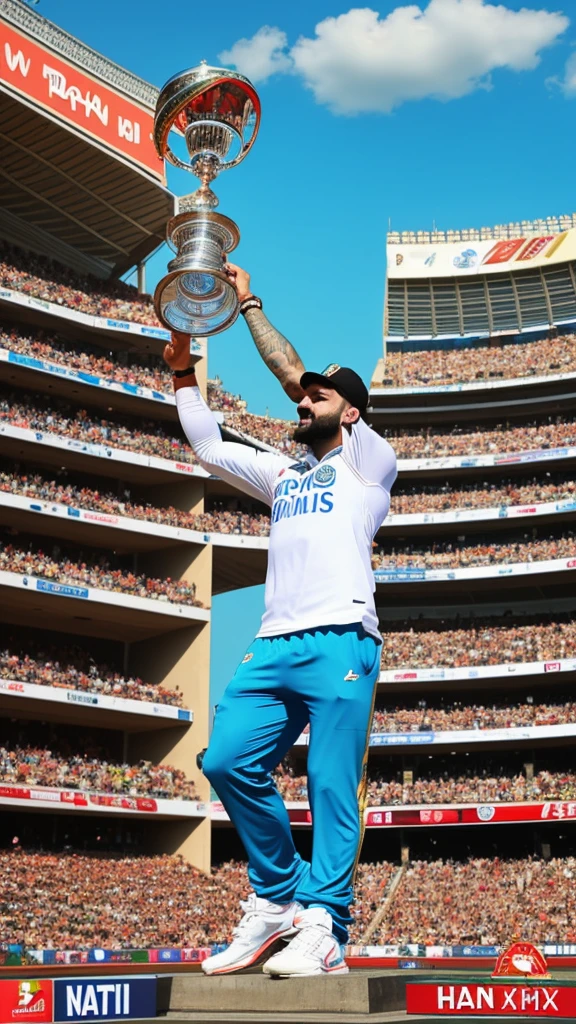 Create an inspiring digital artwork depicting Virat Kohli jubilantly lifting the IPL trophy amidst a stadium backdrop filled with cheering fans