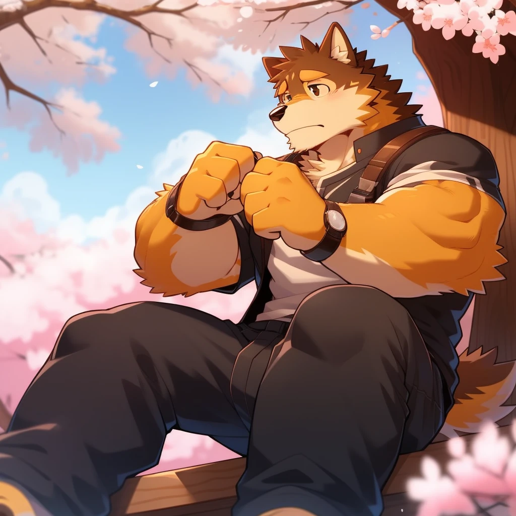 Scribble 柴dog face,Cute face,Humanity(dog),(Casual Wear:1.3),Muscular,(Brown eyebrows:1.1),(Perfect black eyes),（artist:Takemoto Arashi）,(Bulging buttocks),(Foam)，Cherry blossoms，Sitting，Sad expression，Wolf Tail，（Four fingers）