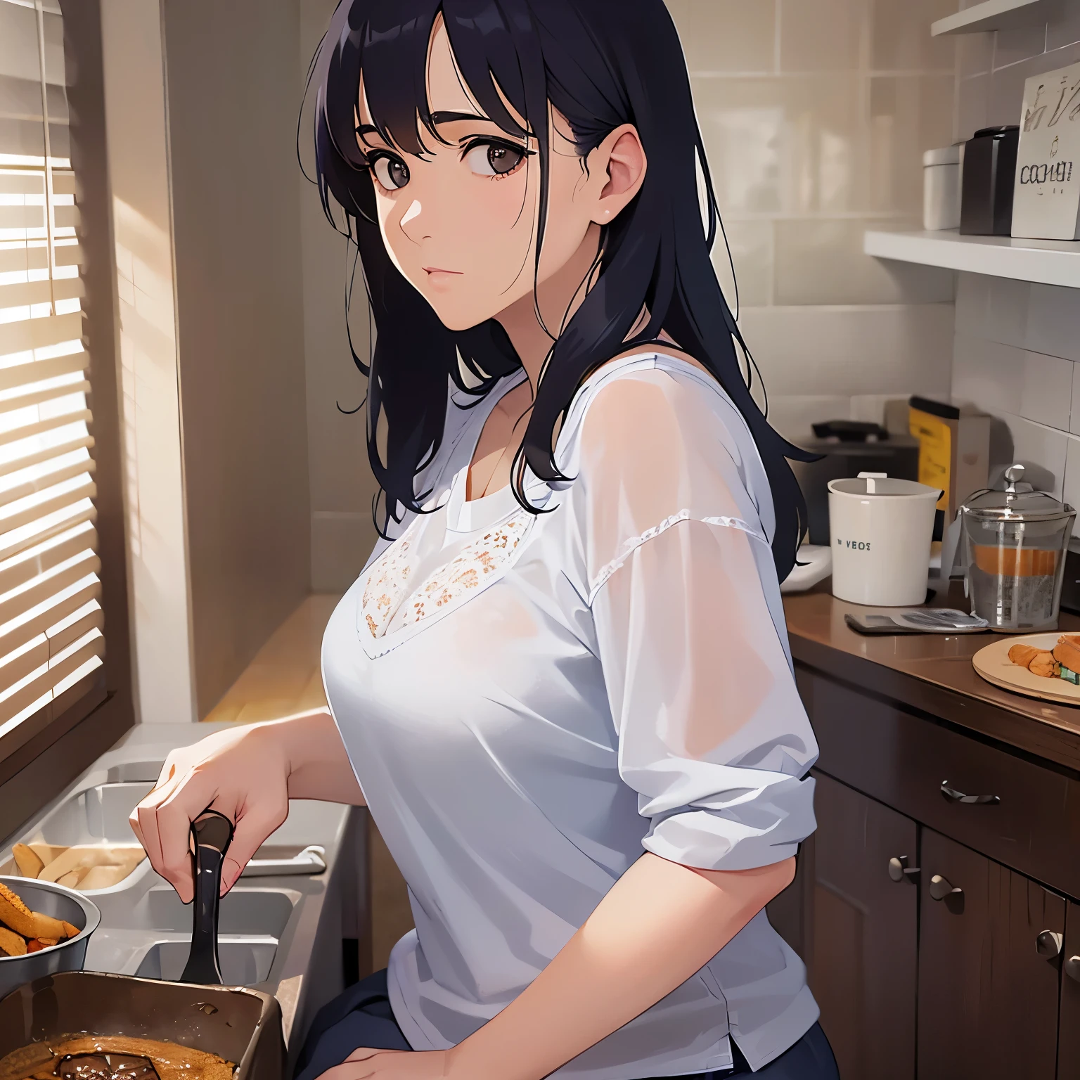 looking at viewer,Side shot、Realistic, real person, RAW photo, photorealistic, portrait photography, shiny skin, japanese idol、Black Hair、Medium hair with bangs、Eyes are orange, (60 year old aunt:2)、Wearing a grey cut-and-sew top、Troubled expression, Alone、Dining background、Washing dishes
