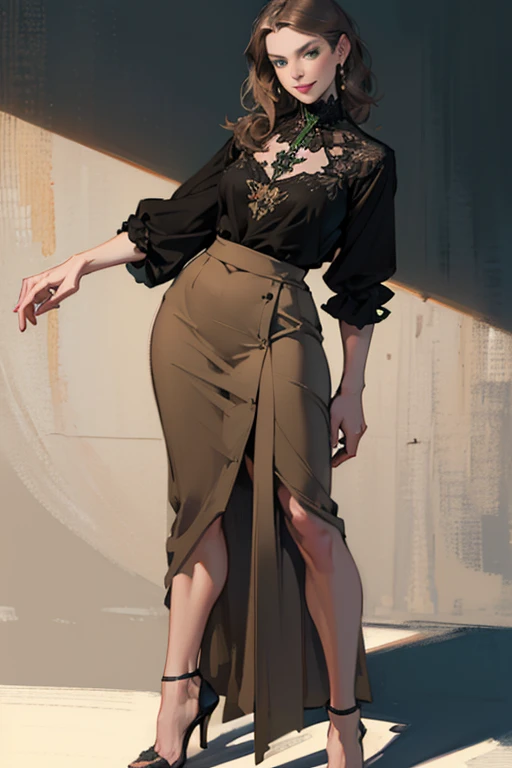 (realistic illustration:1.3), A very beautiful Russian woman. 31yo, brunette, green eyes, short, perfect figure, small breasts,(smile).Black blouse, gray pencil skirt, high heels. Masterpiece, (highly detailed:1.2),(detailed face and eyes:1.2), 8k wallpaper, natural lighting. core shadows, high contrast, bokeh.(rule of thirds)