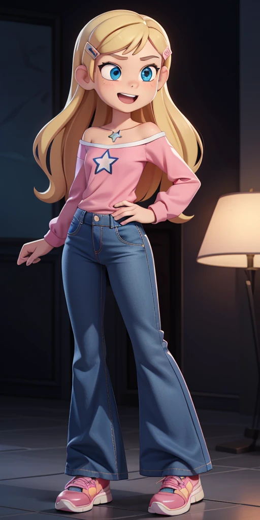 score_9, source_cartoon, 1girl, solo, Kelly Marra, looking very happy, looking very cute, long hair, blonde hair, cute blue eyes, hair ornament, hairclip, white star (symbol) in the middle of the shirt, flare baggy blue pants(Wide flares on pants:1.2), pink sketchers shoes, Pink off shoulder t-shirt with white long sleeves,