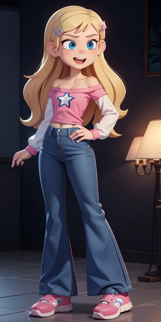 score_9, source_cartoon, 1girl, solo, Kelly Marra, looking very happy, looking very cute, long hair, blonde hair, cute blue eyes, hair ornament, hairclip, white star (symbol) in the middle of the shirt, flare baggy blue pants(Wide flares on pants:1.2), pink sketchers shoes, Pink off shoulder t-shirt with white long sleeves,
