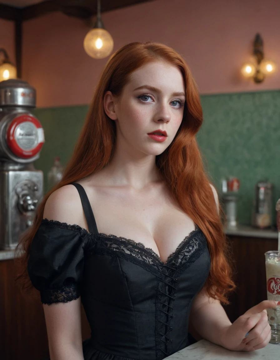 (girl with beautiful long red hair,girl with big breasts,girl with pale white skin,girl in gothic dress,retro pastel walls,vintage soda fountain,analog film photography,kodachrome film photography,best quality,4k,8k,highres,masterpiece:1.2,ultra-detailed,realistic,photorealistic,photo-realistic:1.37,HDR,UHD,studio lighting,ultra-fine painting,sharp focus,physically-based rendering,extreme detail description,professional,vivid colors,bokeh,portrait,gothic,retro)