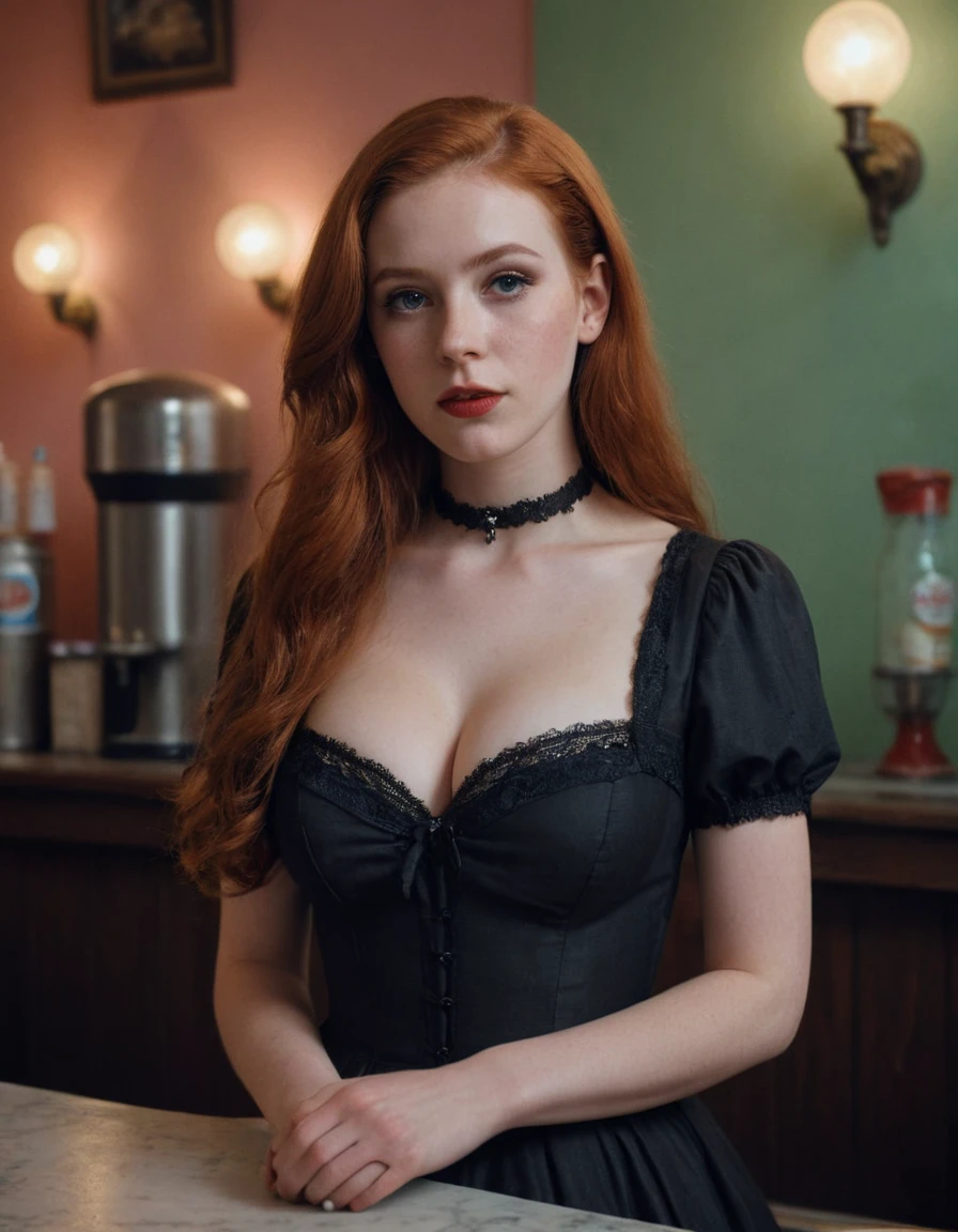 (girl with beautiful long red hair,girl with big breasts,girl with pale white skin,girl in gothic dress,retro pastel walls,vintage soda fountain,analog film photography,kodachrome film photography,best quality,4k,8k,highres,masterpiece:1.2,ultra-detailed,realistic,photorealistic,photo-realistic:1.37,HDR,UHD,studio lighting,ultra-fine painting,sharp focus,physically-based rendering,extreme detail description,professional,vivid colors,bokeh,portrait,gothic,retro)