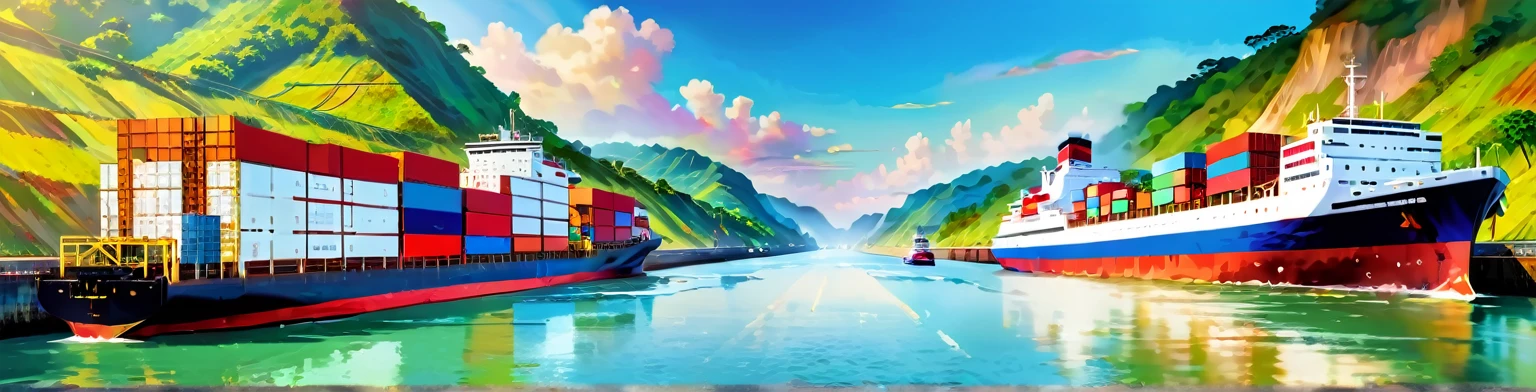 Panama Canal, paint, double exposure, (textura de paint:1.2), (Masterpiece:1.2), Best Quality, (hyperdetailed, more detailed:1.2), high resolution textures, beautiful landscape, Very detailed, very clear, (Panama Canal), vivid colors, HD, multicolor style, barco de buques pasando el Panama Canal
