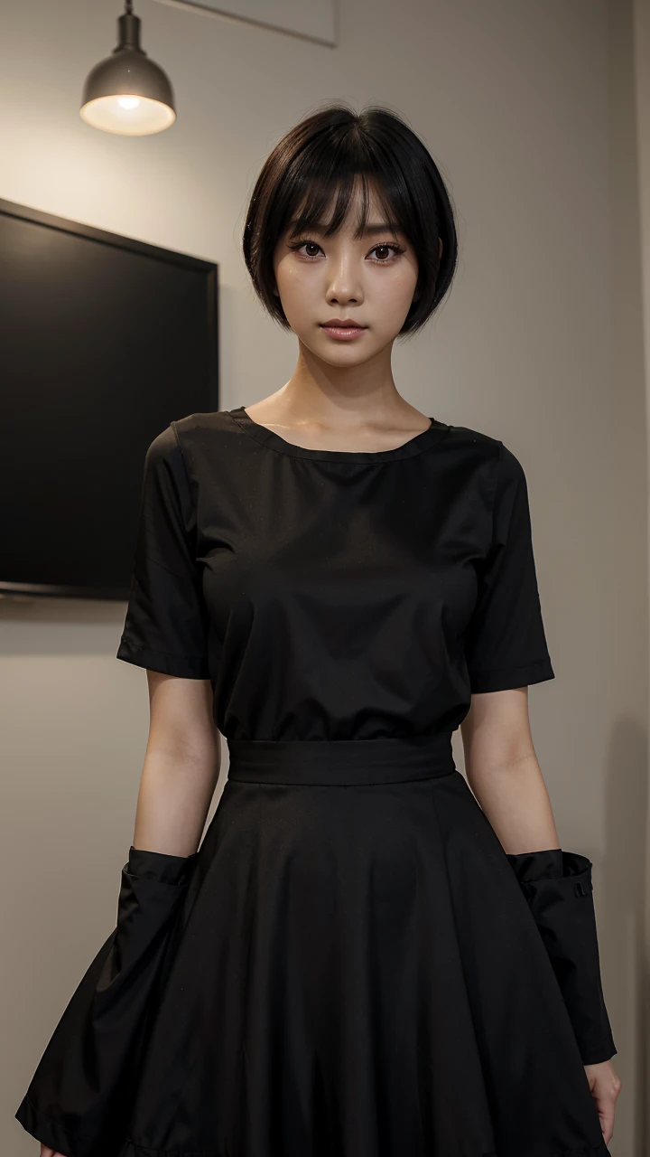 a woman in a black dress standing next to a lamp, tzuyu from twice, beautiful south korean woman, female actress from korea, cute korean actress, gorgeous young korean woman, beautiful young korean woman, heonhwa choe, hwang se - on, jinyoung shin, lee ji-eun, lee ji - eun, blackpink jennie, popular south korean makeup, a woman in a black top and a black top with a black top, with short hair, beautiful south korean woman, chin-length hair, korean girl, wan adorable korean face, gorgeous young korean woman, with short hair with bangs, young adorable korean face, neat hair with bangs, black hime cut hair, beautiful young korean woman, popular south korean makeup close up face