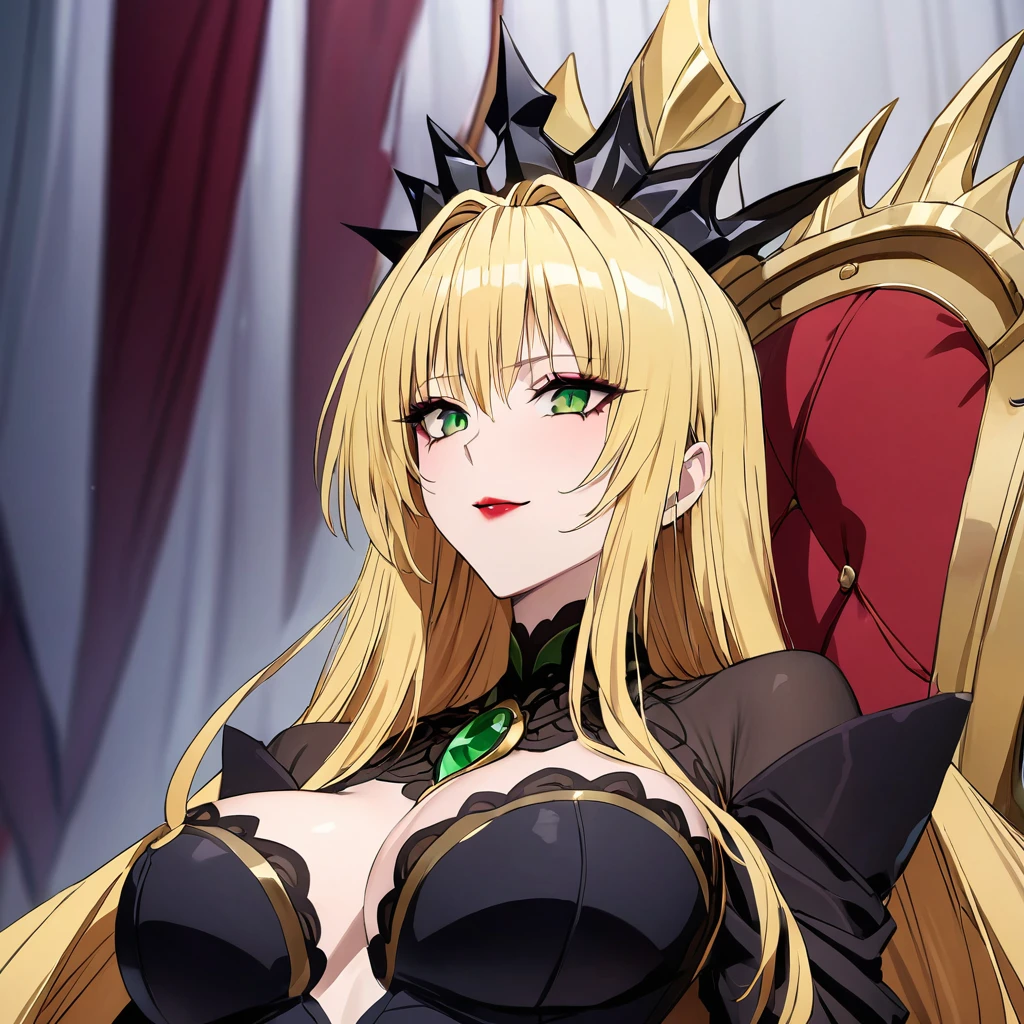 ((Highest quality)), ((masterpiece)), (detailed), (Perfect Face)、The woman is Tiare, a dark queen with green eyes, medium-long blonde hair, red lipstick and makeup. She is wearing a luxurious dress of an evil dark queen, black tights with only her face showing, a crown and sitting on a luxurious throne, reigning with a gentle smile.