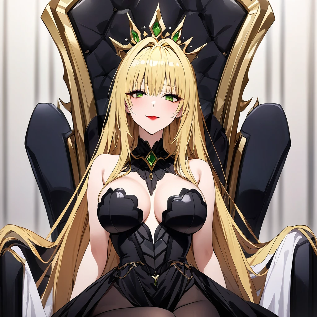 ((Highest quality)), ((masterpiece)), (detailed), (Perfect Face)、The woman is Tiare, a dark queen with green eyes, medium-long blonde hair, red lipstick and makeup. She is wearing a luxurious dress of an evil dark queen, black tights with only her face showing, a crown and sitting on a luxurious throne, reigning with a gentle smile.