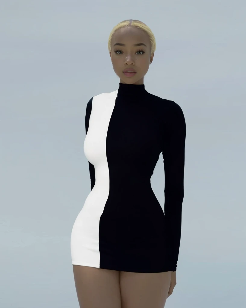 (Beautiful girl, Sonequa Martin-Green, Dove Cameron, Laura Harrier, Peyton List), Wearing tight white and black cotton-Lycra-fabric long sleeve mini dress, round breasts, slim waist, big hips, beautiful soft thighs, beautiful legs,(HDR, 8K, vivid, vibrant, detailed: 1.4), (hyper realistic, movie graphics)