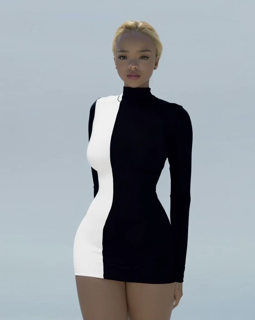 (Beautiful teen girl, Sonequa Martin-Green, Dove Cameron, Laura Harrier, Peyton List), Wearing tight white and black cotton-Lycra-fabric long sleeve mini dress, round breasts, slim waist, big hips, beautiful soft thighs, beautiful legs,(HDR, 8K, vivid, vibrant, detailed: 1.4), (hyper realistic, movie graphics)