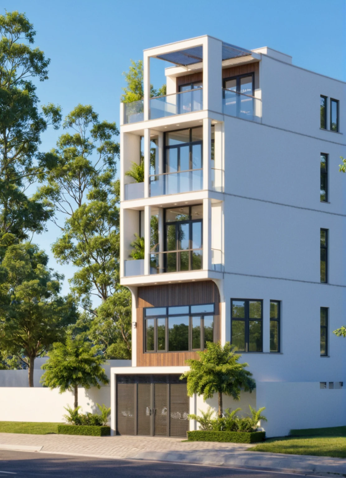Photo brute,chef-d'artwork, high quality, best quality, authentique, Great detail,
Outside, en plein air, style de maison moderne dans la rue, glass windows, grille, plafond en bois,
route,pavement, des arbres, ciel, nuage, (day light:1.1)