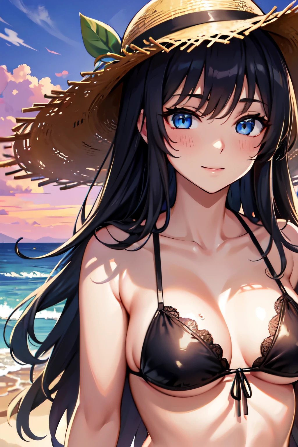 One Girl, long tied brunette hair, smile, blue eyes, Wink, View your audience, Wear a bikini, flower straw hat, (Beach), (sunset), evening, masterpiece, 8K, Perfect lighting, Perfect outfit, Perfect Anatomy, Perfect Eyes, Perfect Face, Sharp resolution, (Face close-up)