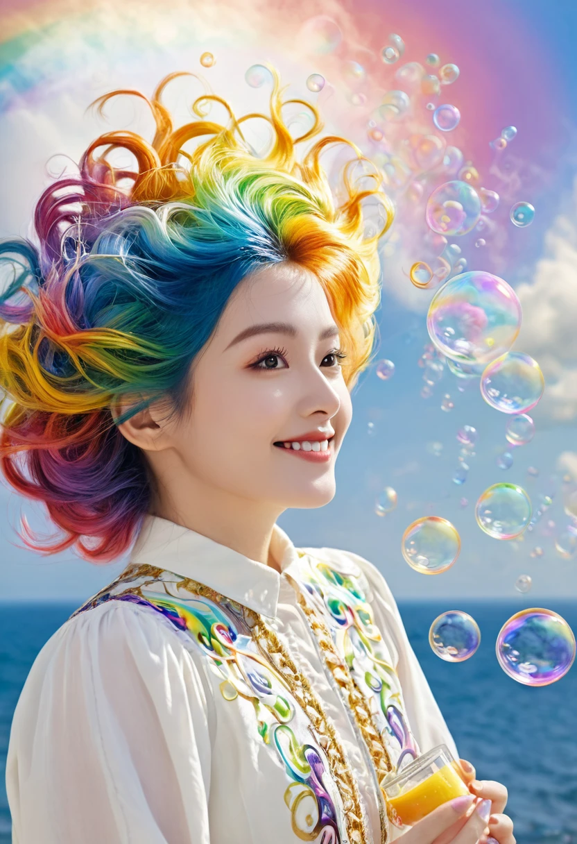 (masterpiece, Top quality, best quality, watercolor (Moderate), Official Art, beautiful and aesthetic: 1.2), (1 girl: 1.3), (Fractal Art: 1.3), morning, Good morning, Smile, sunny, hapiness, Viewer, pattern, Waves, (Rainbow Hair, rich and colorful Hair: 1.2), Sky, gas, cloud, rich and colorful, Soap Bubbles