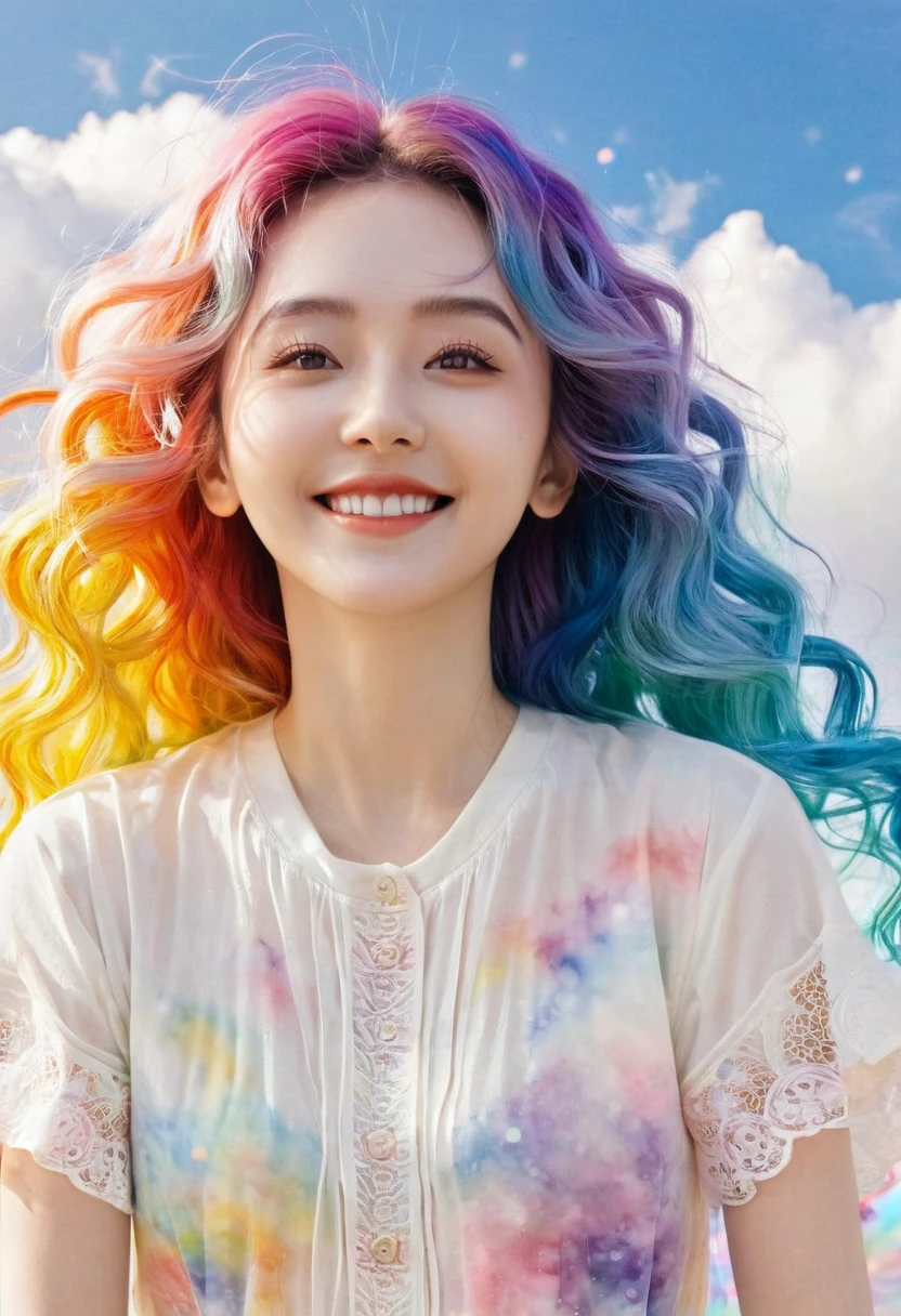 (masterpiece, Top quality, best quality, watercolor (Moderate), Official Art, beautiful and aesthetic: 1.2), (1 girl: 1.3), (Fractal Art: 1.3), morning, Good morning, Smile, sunny, hapiness, Viewer, pattern, Waves, (Rainbow Hair, rich and colorful Hair: 1.2), Sky, gas, cloud, rich and colorful, Soap Bubbles