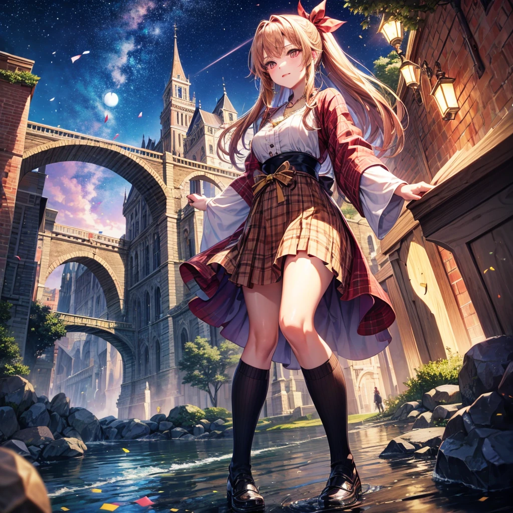 Pink, red, brown, gold, gold hair、Red gold eyes、Hair tied up、One good looking girl、solo、anime、Checkered mini skirt、Ruffles on the skirt、Checked dress、blouse、Kimono、Black knee-high socks、Ribbon、Ribbon on waist、Teeth are visible、Sparkly Necklace、From above、Cobblestones、waterfall、Starry Sky、Midnight Moon、suspension bridge、Standing still、Confetti、Kicking、Brick construction、Uphill、An old castle built on a rocky mountain、The scenery is reflected on the water