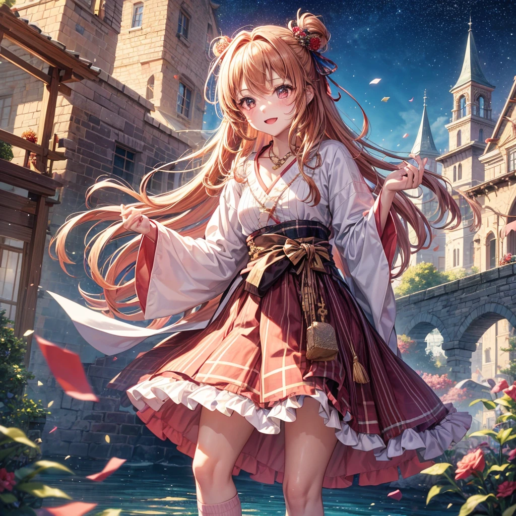 Pink, red, brown, gold, gold hair、Red gold eyes、Hair tied up、One good looking girl、solo、anime、Checkered mini skirt、Ruffles on the skirt、Checked dress、blouse、Kimono、Black knee-high socks、Ribbon、Ribbon on waist、Teeth are visible、Sparkly Necklace、From above、Cobblestones、waterfall、Starry Sky、Midnight Moon、suspension bridge、Standing still、Confetti、Kicking、Brick construction、Uphill、An old castle built on a rocky mountain、The scenery is reflected on the water