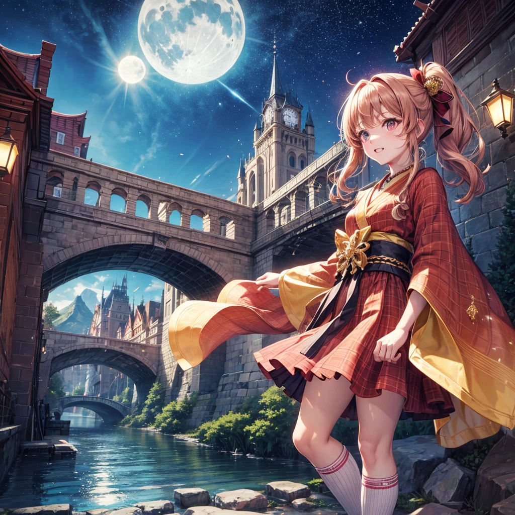 Pink, red, brown, gold, gold hair、Red gold eyes、Hair tied up、One good looking girl、solo、anime、Checkered mini skirt、Ruffles on the skirt、Checked dress、blouse、Kimono、Black knee-high socks、Ribbon、Ribbon on waist、Teeth are visible、Sparkly Necklace、From above、Cobblestones、waterfall、Starry Sky、Midnight Moon、suspension bridge、Standing still、Confetti、Kicking、Brick construction、Uphill、An old castle built on a rocky mountain、The scenery is reflected on the water