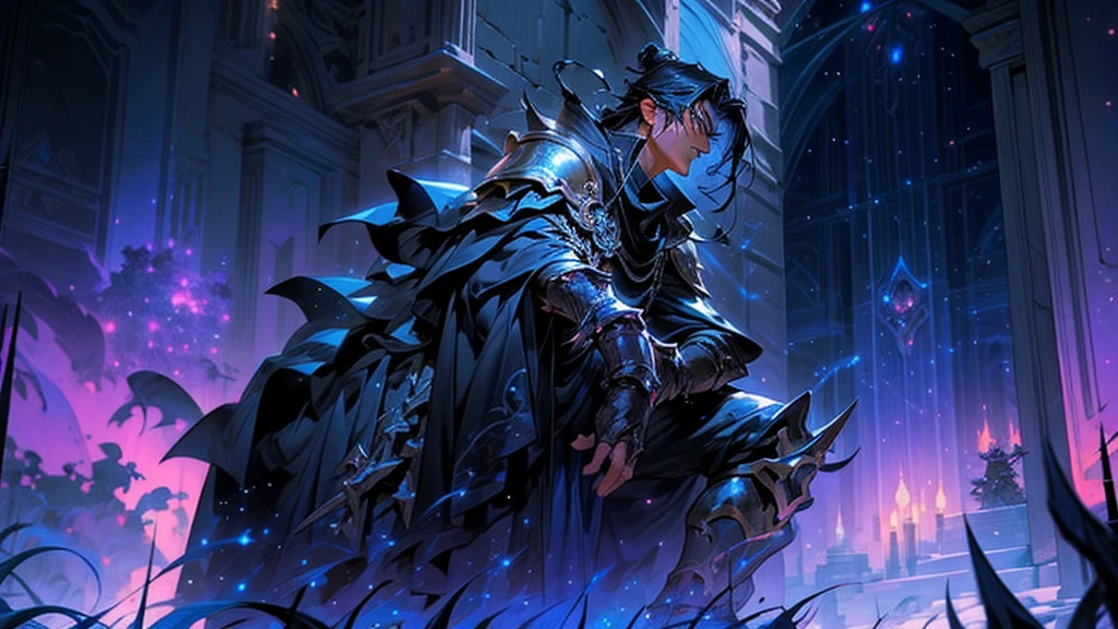 In a fantasy world under a nebula-filled night sky, a rugged anime character with a muscular build, spiky black hair, and a large sword stands stoically. Clad in dark armor with a long cape flowing behind, they gaze out into the starlit horizon.