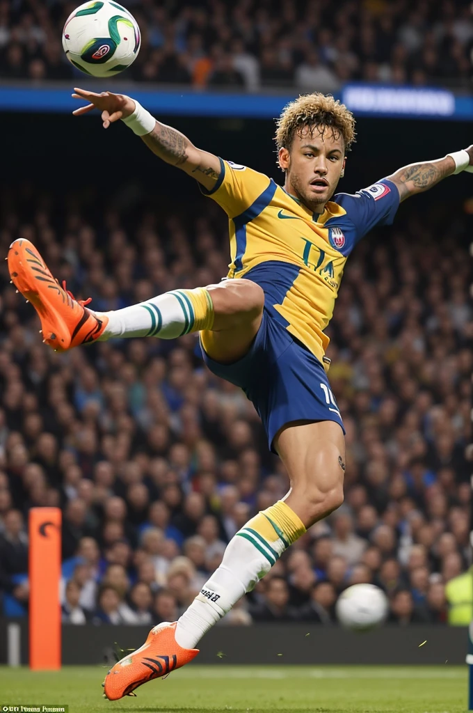 Neymar kicking the ball into the goal while Silvio Santos narrates the match 