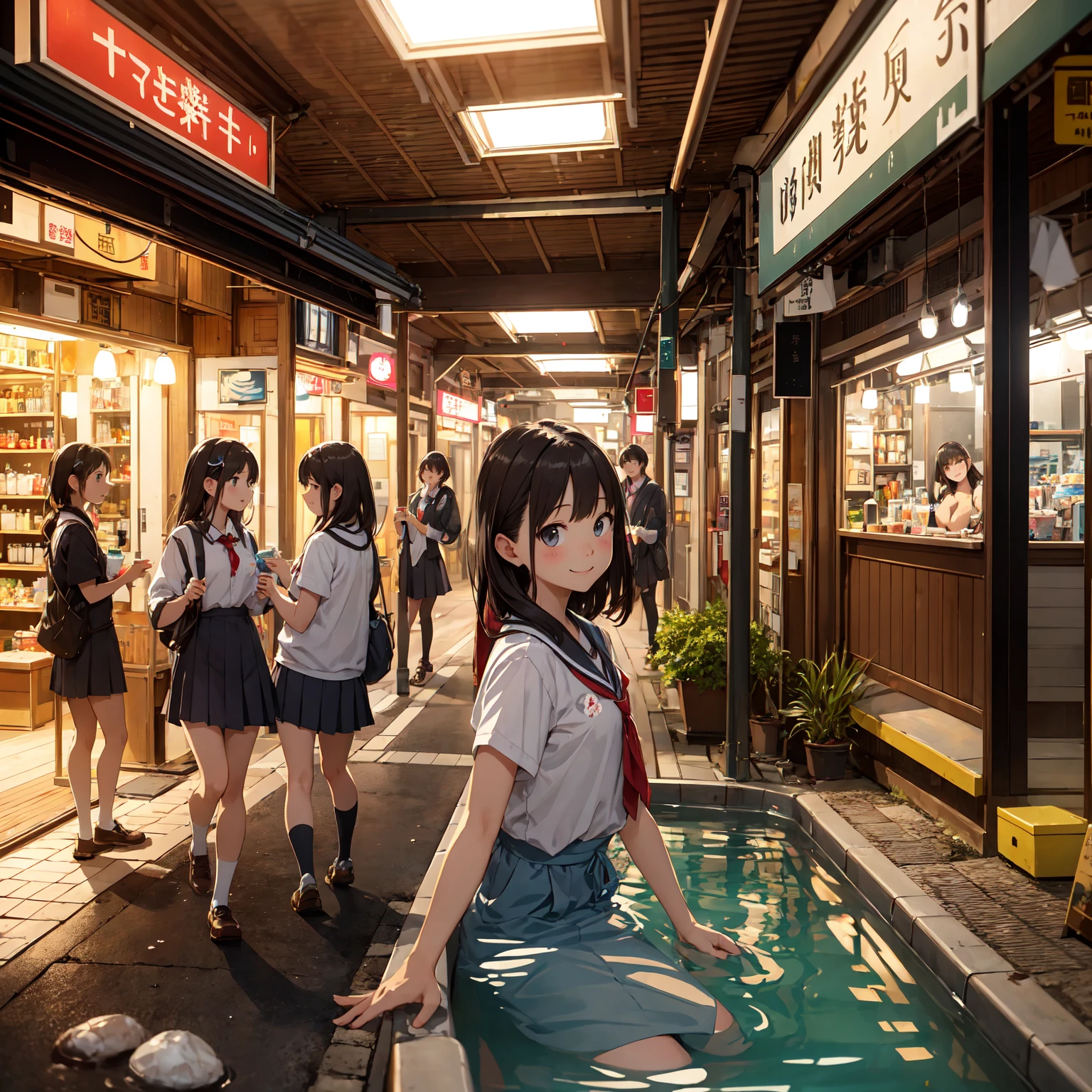 (masterpiece、Highest quality)、(Photorealistic photography)、1 picture、(Japan's dimly lit underground mall)、Japan favelas、、、Showa Retro、Detailed and cute face、Poor conditions、(Underground hot spring facilities)、shaved ice、Sale of drinks、Unsanitary and dim、(stage)、(Big bath)、Shady Red Light District、diet、(Many female junior high students)、(へにょしたsmile、Happy schoolchildren、Perfect Anatomy、sm
